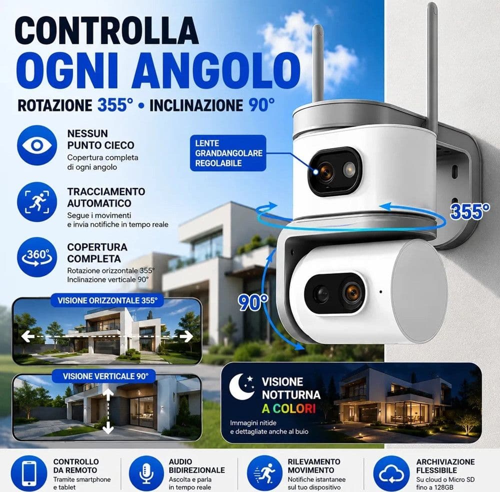 TELECAMERA WIFI 2,4 GHZ ESTERNO DOPPIA LENTE PTZ 355° VISIONE NOTTURNA AUDIO BIDIREZIONALE - 5