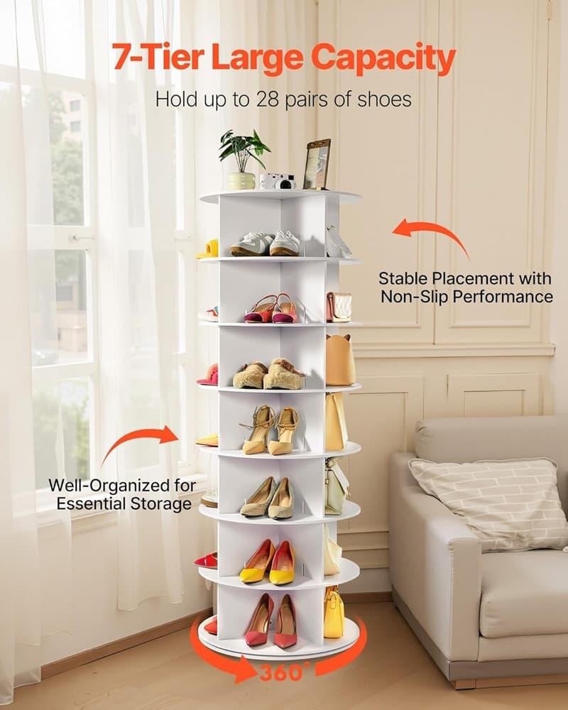 PORTASCARPE SUPPORTO GIREVOLE A 360° PER 28 PAIA SCARPE 7 RIPIANI SALVASPAZIO SCAFFALE - 6