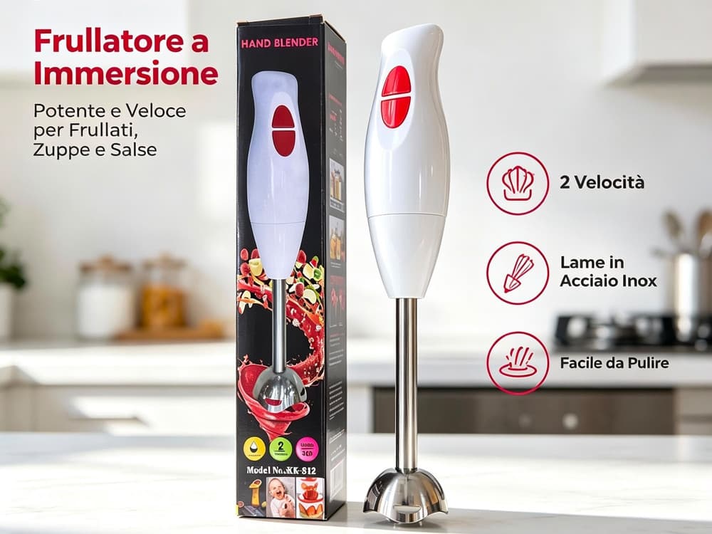 FRULLATORE A IMMERSIONE CON 2 VELOCITÀ LAME IN ACCIAIO PER FRULLATI ZUPPE SALSE KK-S12 - 2