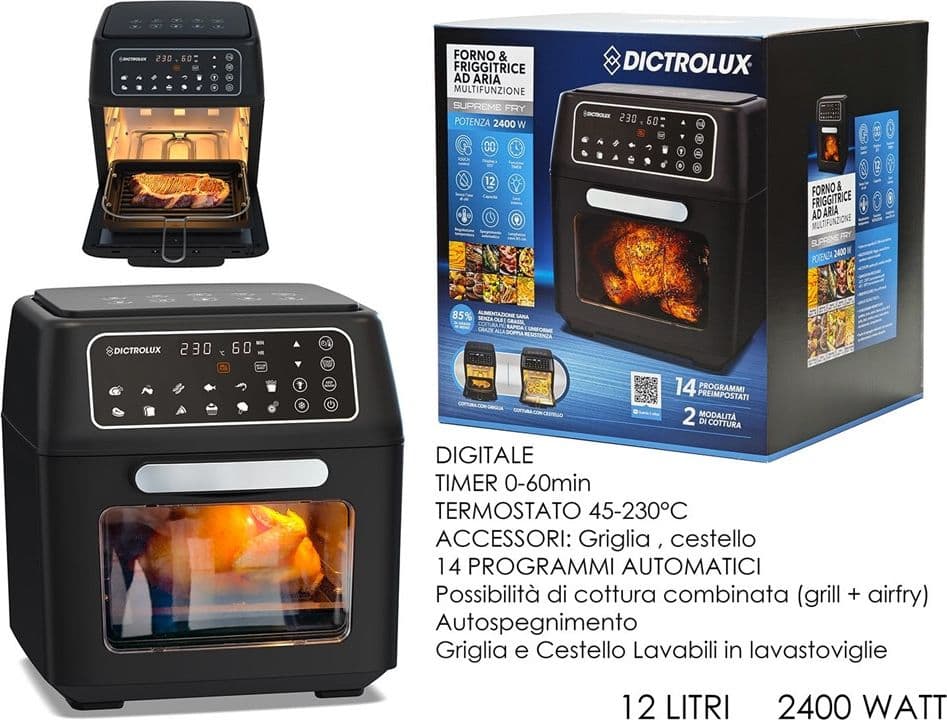 FORNO FRIGGITRICE AD ARIA MULTIFUNZIONE DIGITALE 2400W 12LT 2 MODALITÀ COTTURA 14 PROGRAMMI - 2