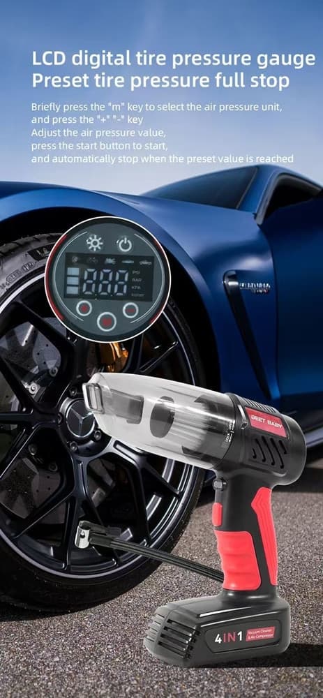 ASPIRAPOLVERE GONFIATORE 4IN1 MULTIFUNZIONE PORTATILE SENZA FILI LUCE LED AUTO CASA UFFICI - 3
