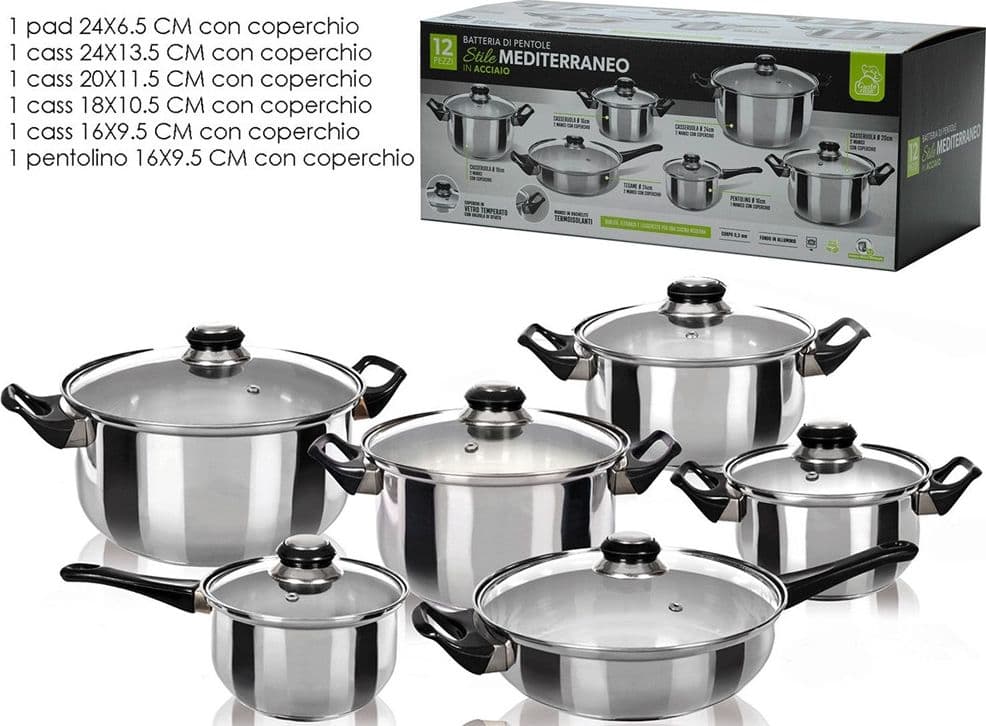 BATTERIA DI PENTOLE 12PZ IN ACCIAIO CON COPERCHI IN VETRO MANICI TERMOISOLANTI PER CUCINA - 2