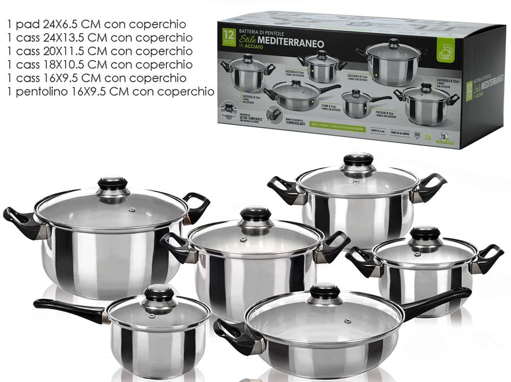 BATTERIA DI PENTOLE 12PZ IN ACCIAIO CON COPERCHI IN VETRO MANICI TERMOISOLANTI PER CUCINA - 2
