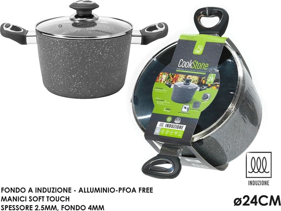 PENTOLA CON COPERCHIO IN VETRO ALLUMINIO PRESSOFUSO ∅24CM MANICI SOFT TOUCH FONDO INDUZIONE - 3
