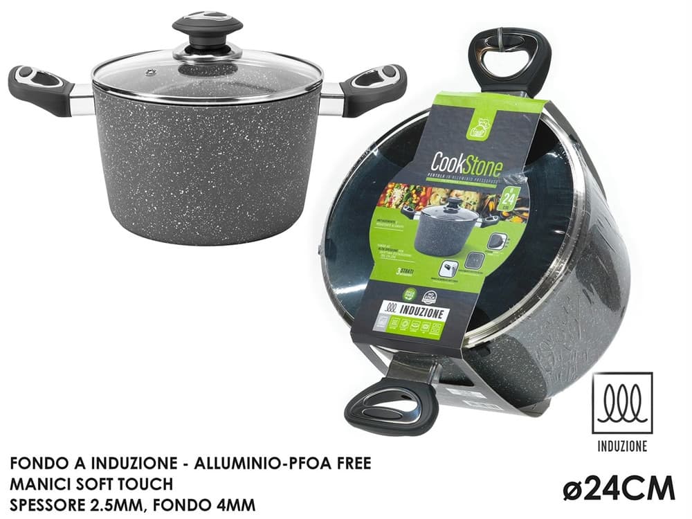 PENTOLA CON COPERCHIO IN VETRO ALLUMINIO PRESSOFUSO ∅24CM MANICI SOFT TOUCH FONDO INDUZIONE - 3