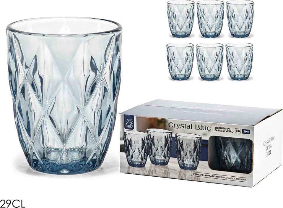 SET 6 BICCHIERI IN VETRO CRYSTAL BLUE 29CL PER ACQUA BEVANDE MOTIVO SFACCETTATO A DIAMANTE - 2