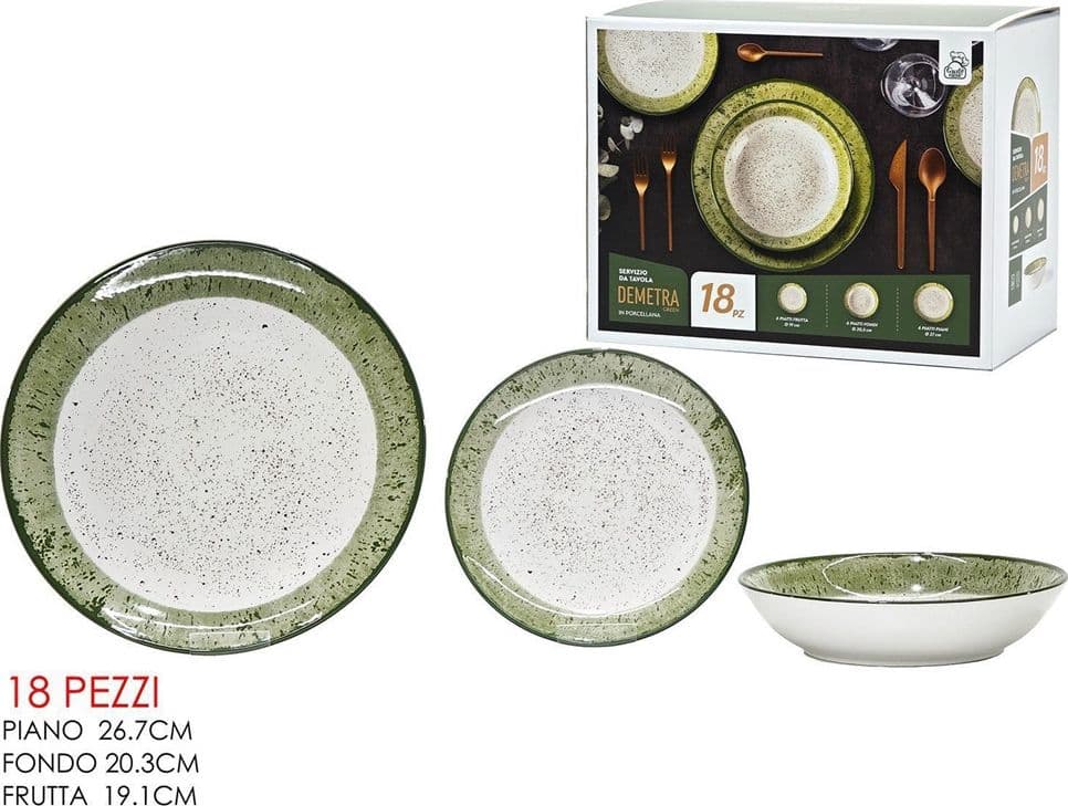SET SERVIZIO DI PIATTI DA TAVOLA IN PORCELLANA 18PZ DESIGN BIANCO CON BORDO VERDE MACULATO - 2