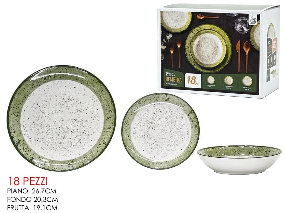 SET SERVIZIO DI PIATTI DA TAVOLA IN PORCELLANA 18PZ DESIGN BIANCO CON BORDO VERDE MACULATO - 2