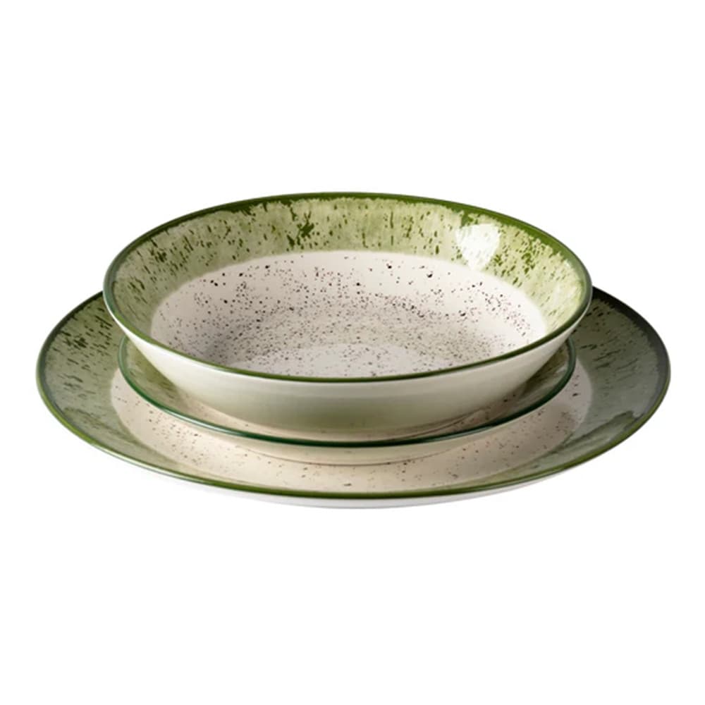 SET SERVIZIO DI PIATTI DA TAVOLA IN PORCELLANA 18PZ DESIGN BIANCO CON BORDO VERDE MACULATO - 3