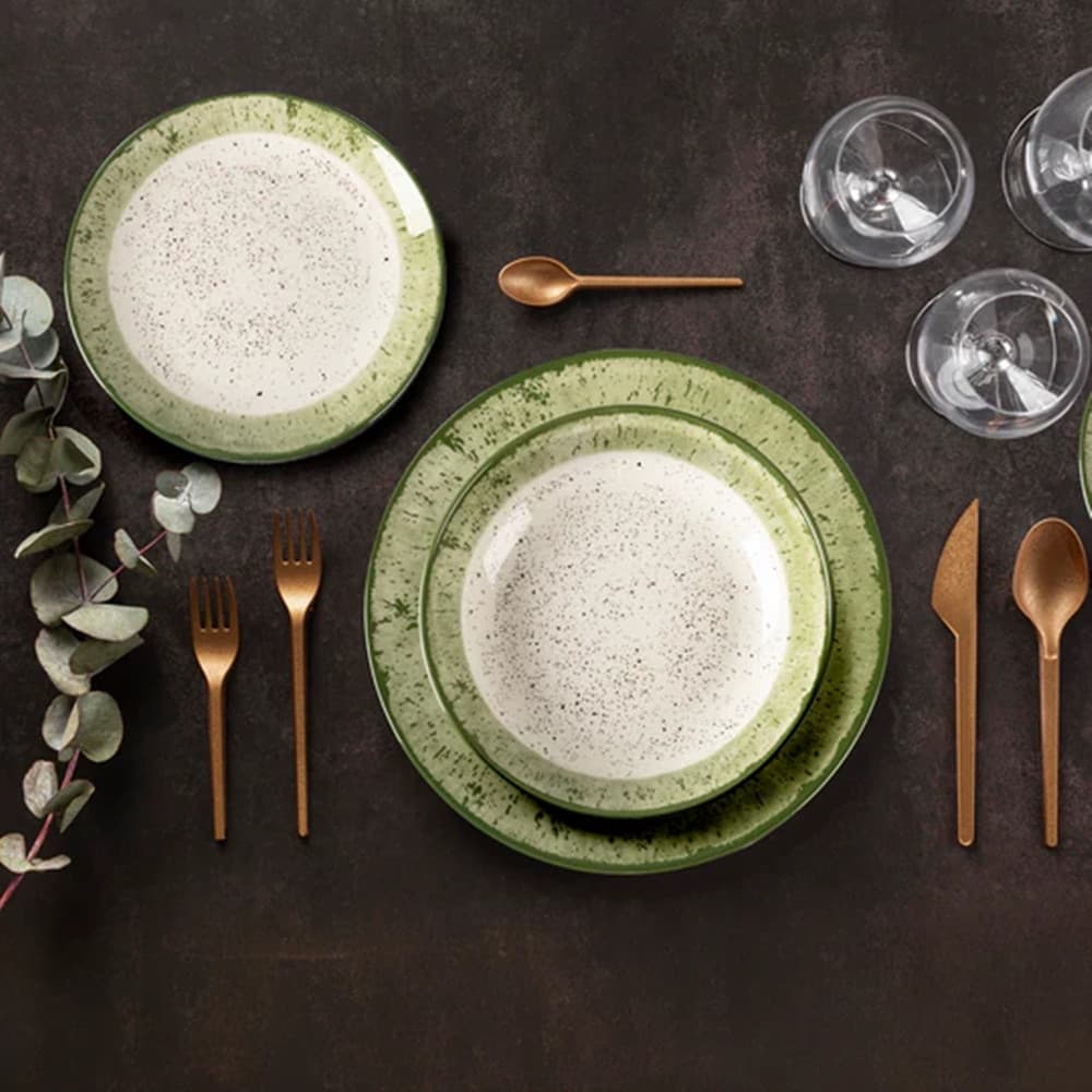 SET SERVIZIO DI PIATTI DA TAVOLA IN PORCELLANA 18PZ DESIGN BIANCO CON BORDO VERDE MACULATO - 4