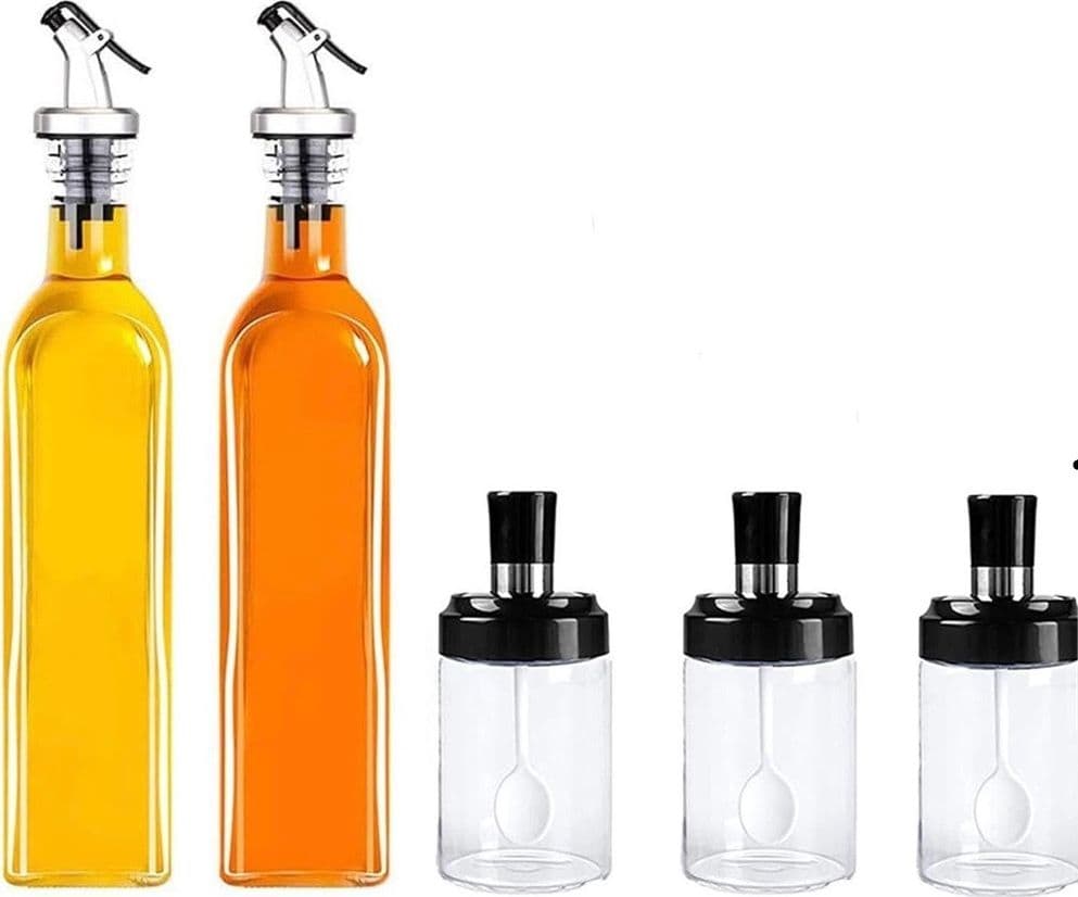 SET BOTTIGLIE DISPENSER PER OLIO BARATTOLI CONTENITORI PER CONDIMENTI SPEZIE DA 5PZ CUCINA - 2