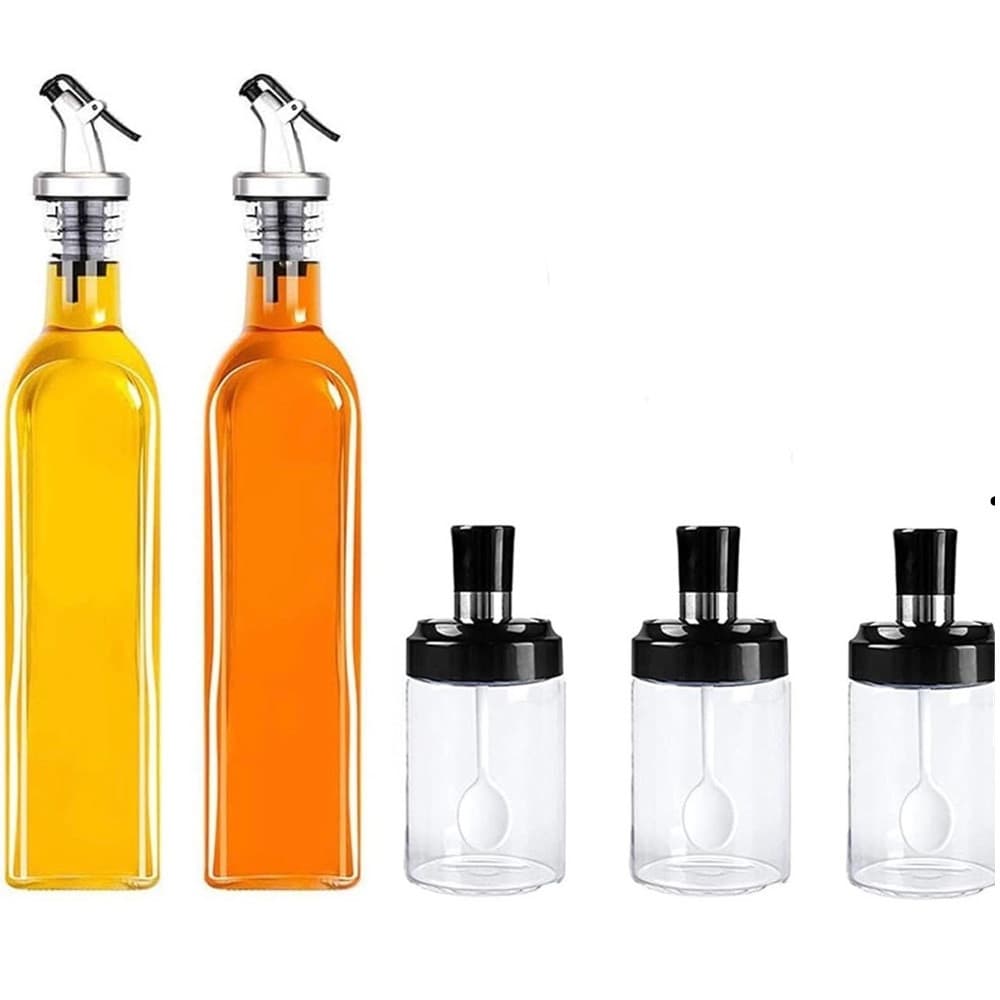 SET BOTTIGLIE DISPENSER PER OLIO BARATTOLI CONTENITORI PER CONDIMENTI SPEZIE DA 5PZ CUCINA - 2