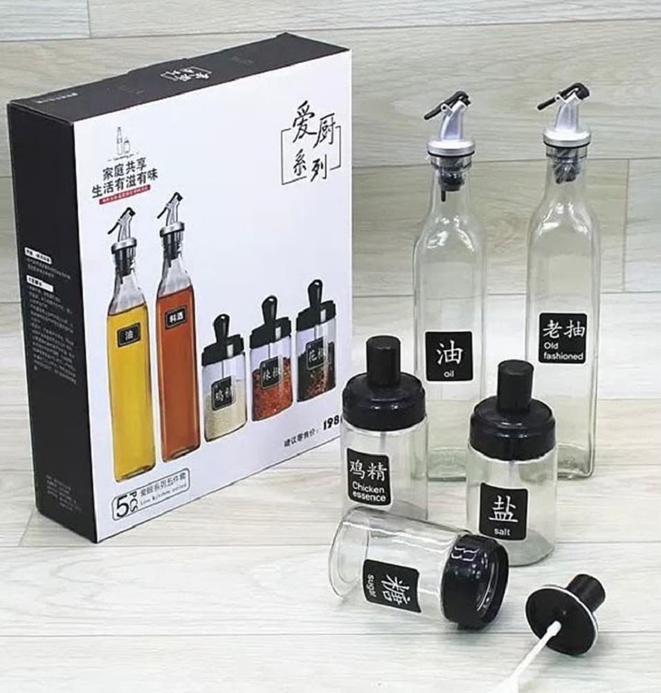 SET BOTTIGLIE DISPENSER PER OLIO BARATTOLI CONTENITORI PER CONDIMENTI SPEZIE DA 5PZ CUCINA - 3