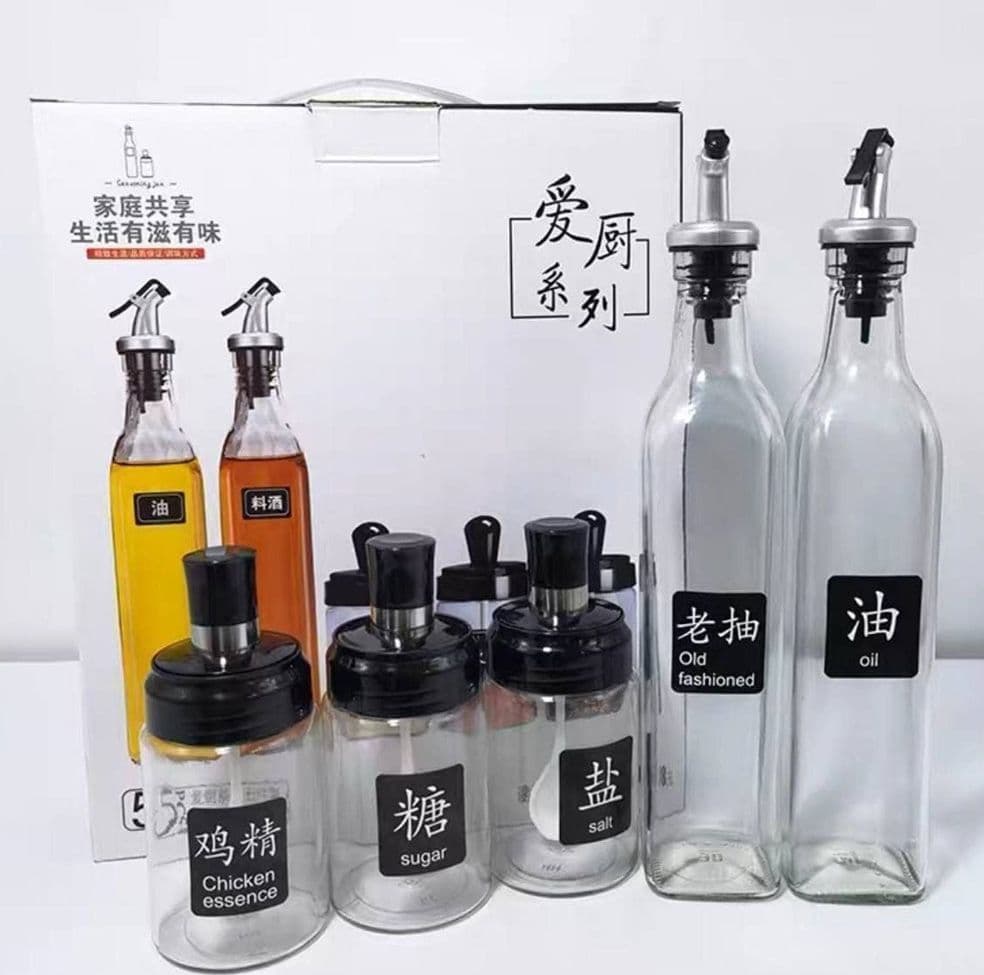 SET BOTTIGLIE DISPENSER PER OLIO BARATTOLI CONTENITORI PER CONDIMENTI SPEZIE DA 5PZ CUCINA - 5