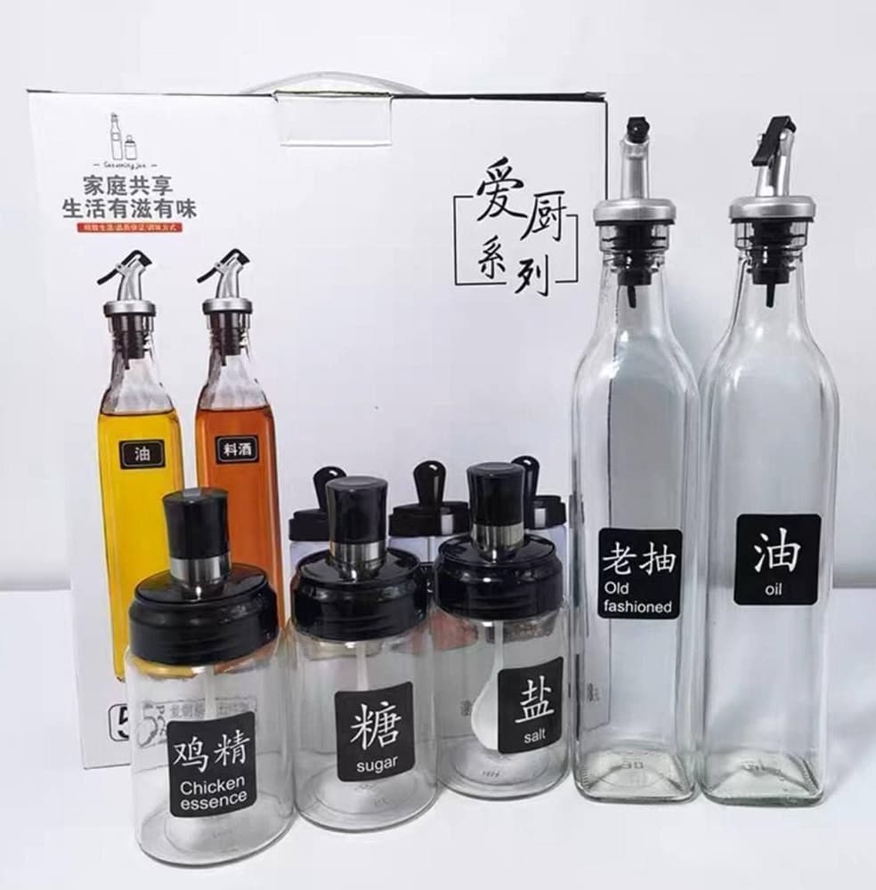 SET BOTTIGLIE DISPENSER PER OLIO BARATTOLI CONTENITORI PER CONDIMENTI SPEZIE DA 5PZ CUCINA - 5