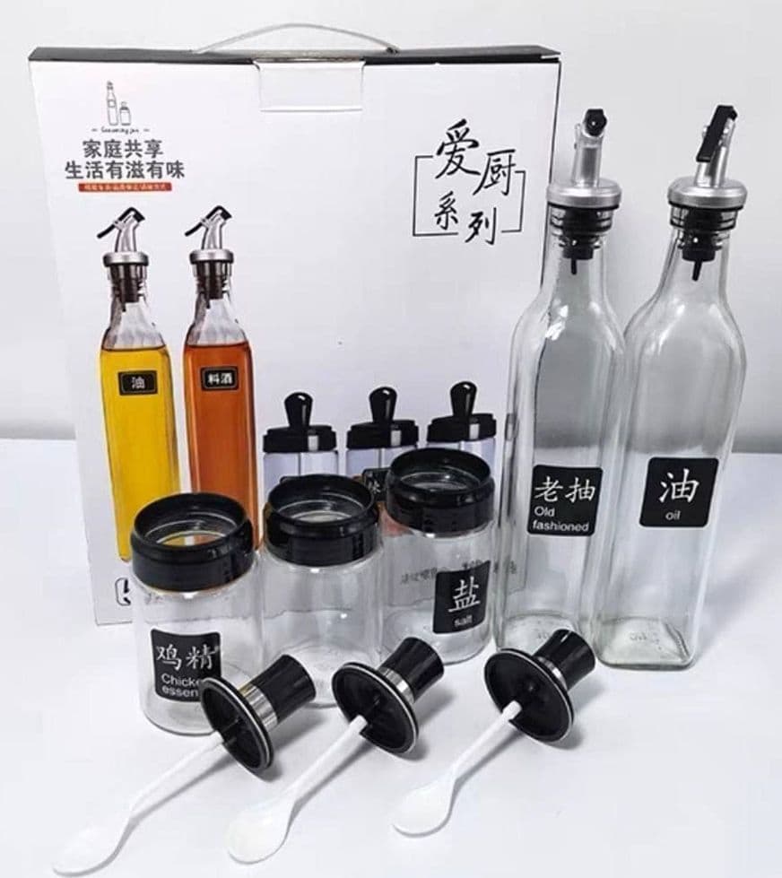 SET BOTTIGLIE DISPENSER PER OLIO BARATTOLI CONTENITORI PER CONDIMENTI SPEZIE DA 5PZ CUCINA - 6