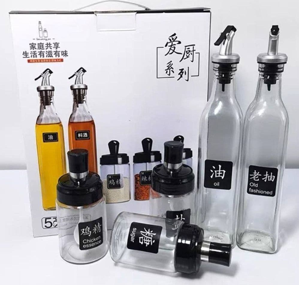 SET BOTTIGLIE DISPENSER PER OLIO BARATTOLI CONTENITORI PER CONDIMENTI SPEZIE DA 5PZ CUCINA - 8