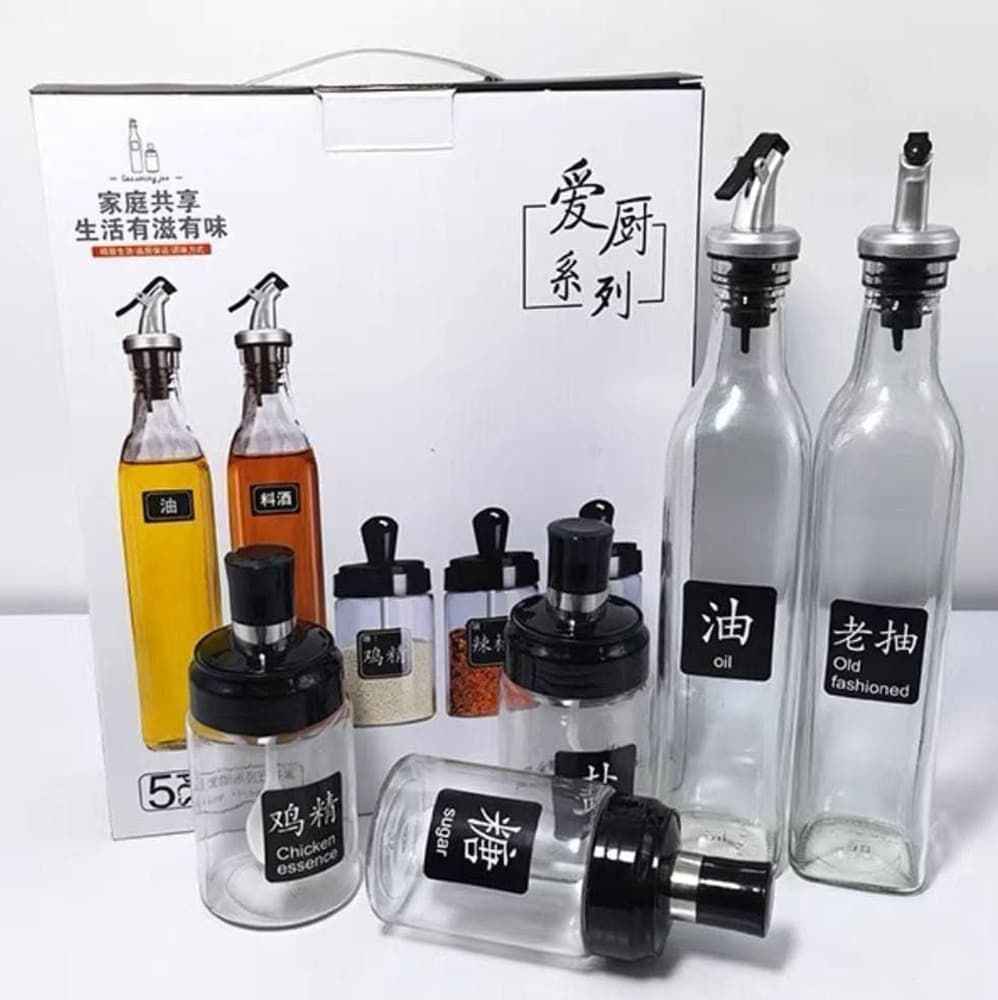 SET BOTTIGLIE DISPENSER PER OLIO BARATTOLI CONTENITORI PER CONDIMENTI SPEZIE DA 5PZ CUCINA - 8