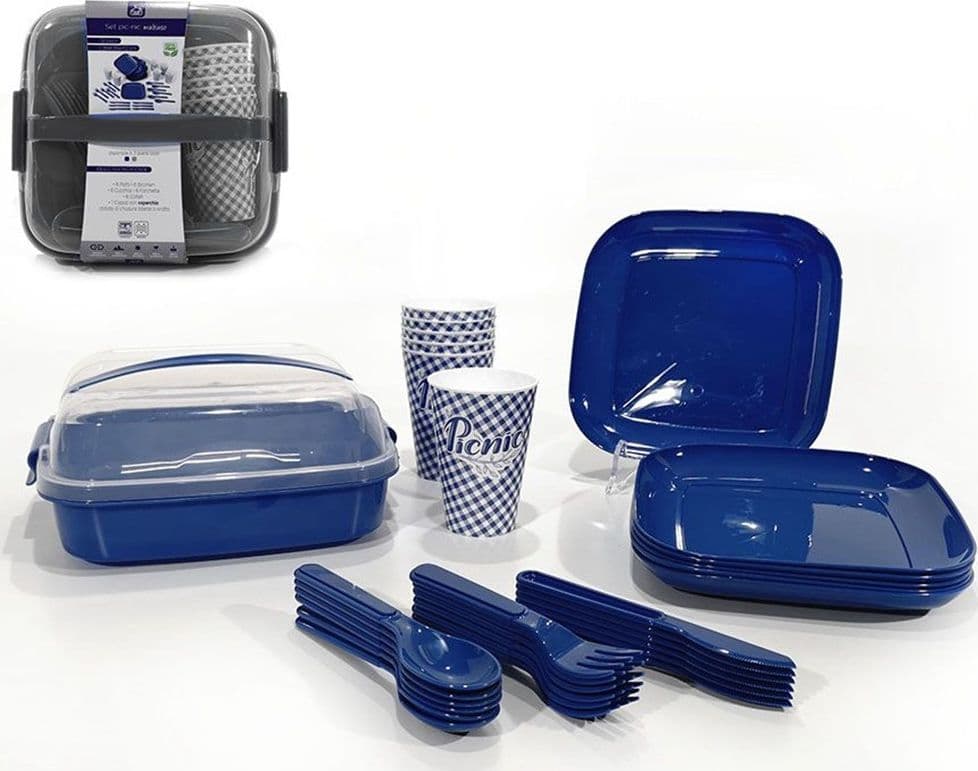 SET DA PICNIC CAMPEGGIO 32 PZ CON PIATTI POSATE BICCHIERI STOVIGLIE PRATICHE CON CUSTODIA - 2