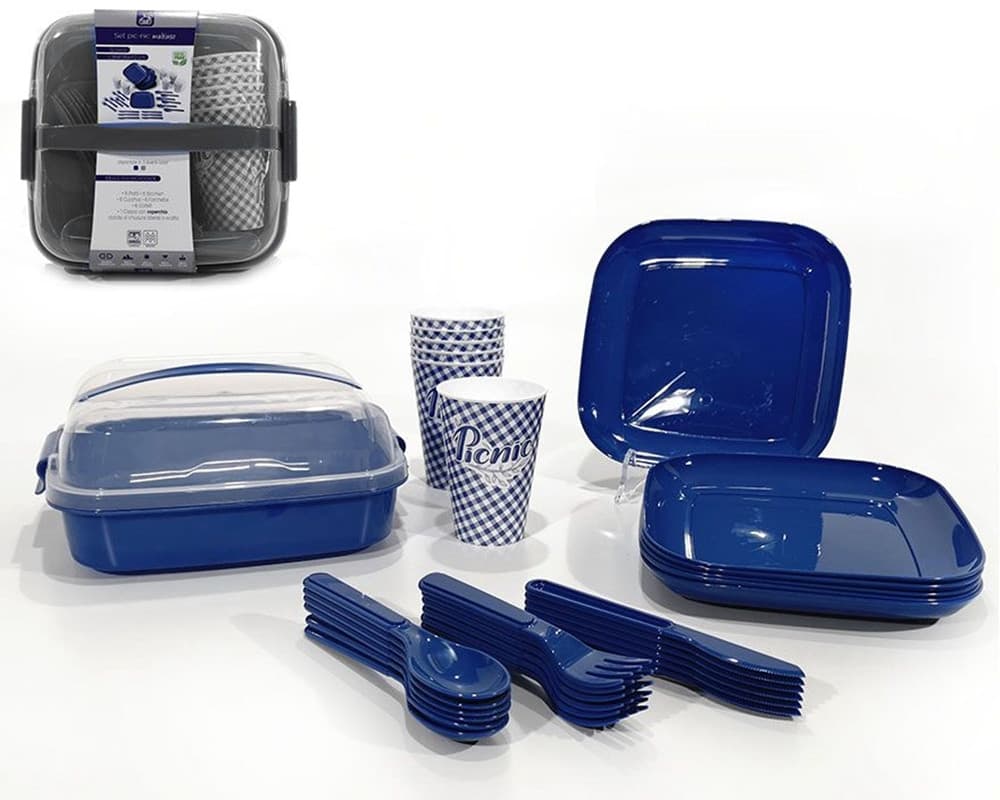 SET DA PICNIC CAMPEGGIO 32 PZ CON PIATTI POSATE BICCHIERI STOVIGLIE PRATICHE CON CUSTODIA - 2