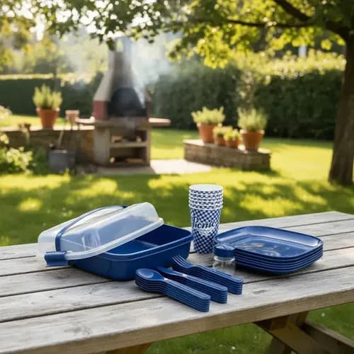 SET DA PICNIC CAMPEGGIO 32 PZ CON PIATTI POSATE BICCHIERI STOVIGLIE PRATICHE CON CUSTODIA - 3
