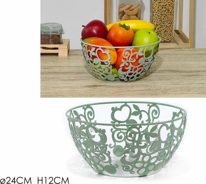 CENTROTAVOLA PORTAFRUTTA PANE METALLO VERDE SALVIA H12XØ24CM DESIGN TRAFORATO DECORATIVO - 2