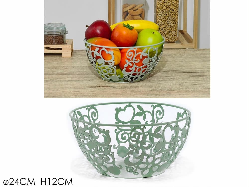 CENTROTAVOLA PORTAFRUTTA PANE METALLO VERDE SALVIA H12XØ24CM DESIGN TRAFORATO DECORATIVO - 2