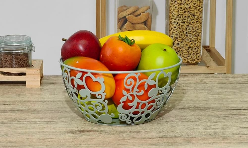 CENTROTAVOLA PORTAFRUTTA PANE METALLO VERDE SALVIA H12XØ24CM DESIGN TRAFORATO DECORATIVO - 3
