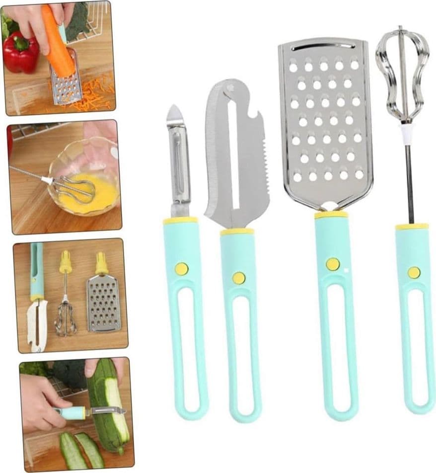 SET 4 UTENSILI DA CUCINA SBATTITORE UOVA COLTELLO PER SCAVARE GRATTUGIA MULTIFUNZIONALE - 2