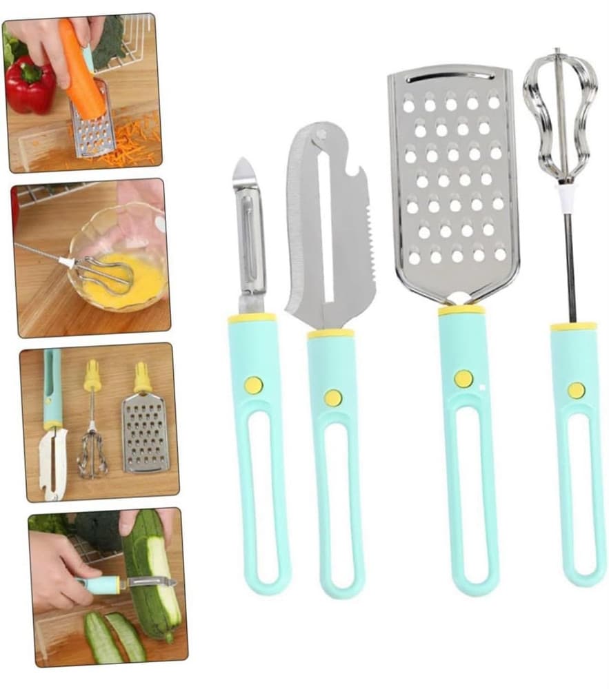 SET 4 UTENSILI DA CUCINA SBATTITORE UOVA COLTELLO PER SCAVARE GRATTUGIA MULTIFUNZIONALE - 2