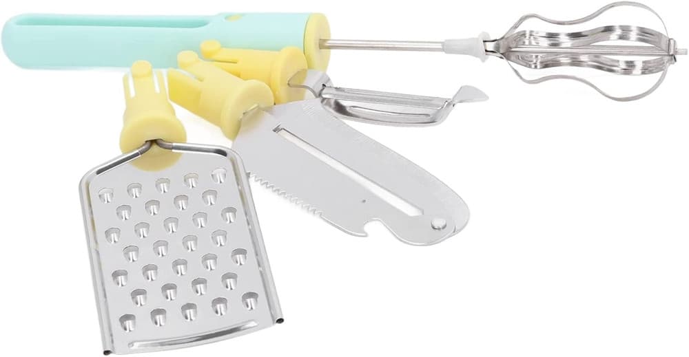 SET 4 UTENSILI DA CUCINA SBATTITORE UOVA COLTELLO PER SCAVARE GRATTUGIA MULTIFUNZIONALE - 6
