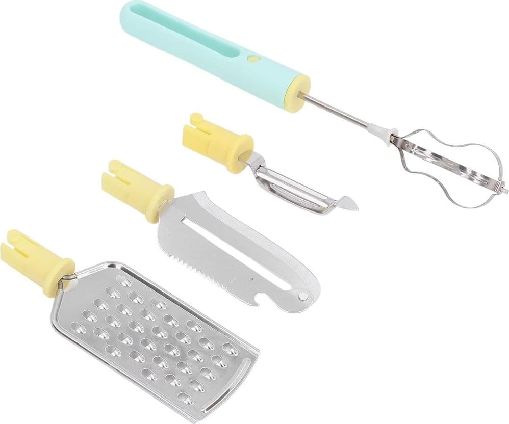 SET 4 UTENSILI DA CUCINA SBATTITORE UOVA COLTELLO PER SCAVARE GRATTUGIA MULTIFUNZIONALE - 8