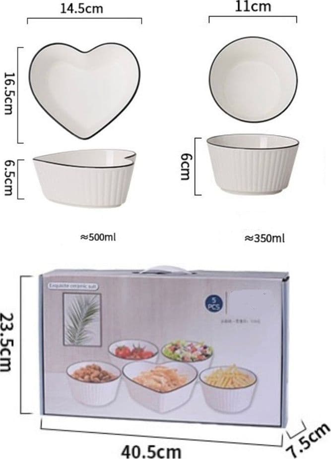 SET DI 5 CIOTOLE A FORMA DI CUORE ROTONDE PER INSALATE ZUPPE SNACK DESSERT CUCINA CASA - 2