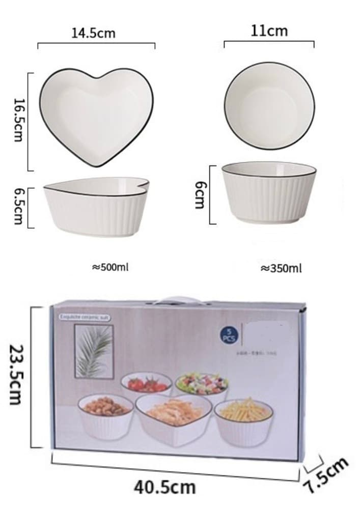 SET DI 5 CIOTOLE A FORMA DI CUORE ROTONDE PER INSALATE ZUPPE SNACK DESSERT CUCINA CASA - 2