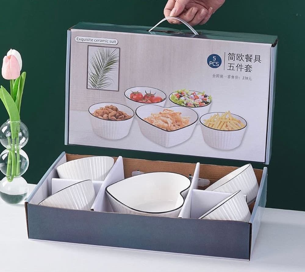 SET DI 5 CIOTOLE A FORMA DI CUORE ROTONDE PER INSALATE ZUPPE SNACK DESSERT CUCINA CASA - 4