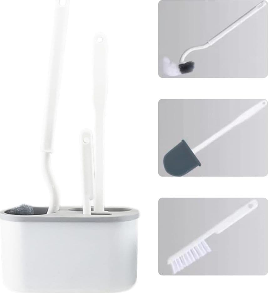 SET PULIZIA 3IN1 CON SCOPINI SPAZZOLA PER WC TIPO S IN SILICONE SUPPORTO DA PARETE BAGNO - 2
