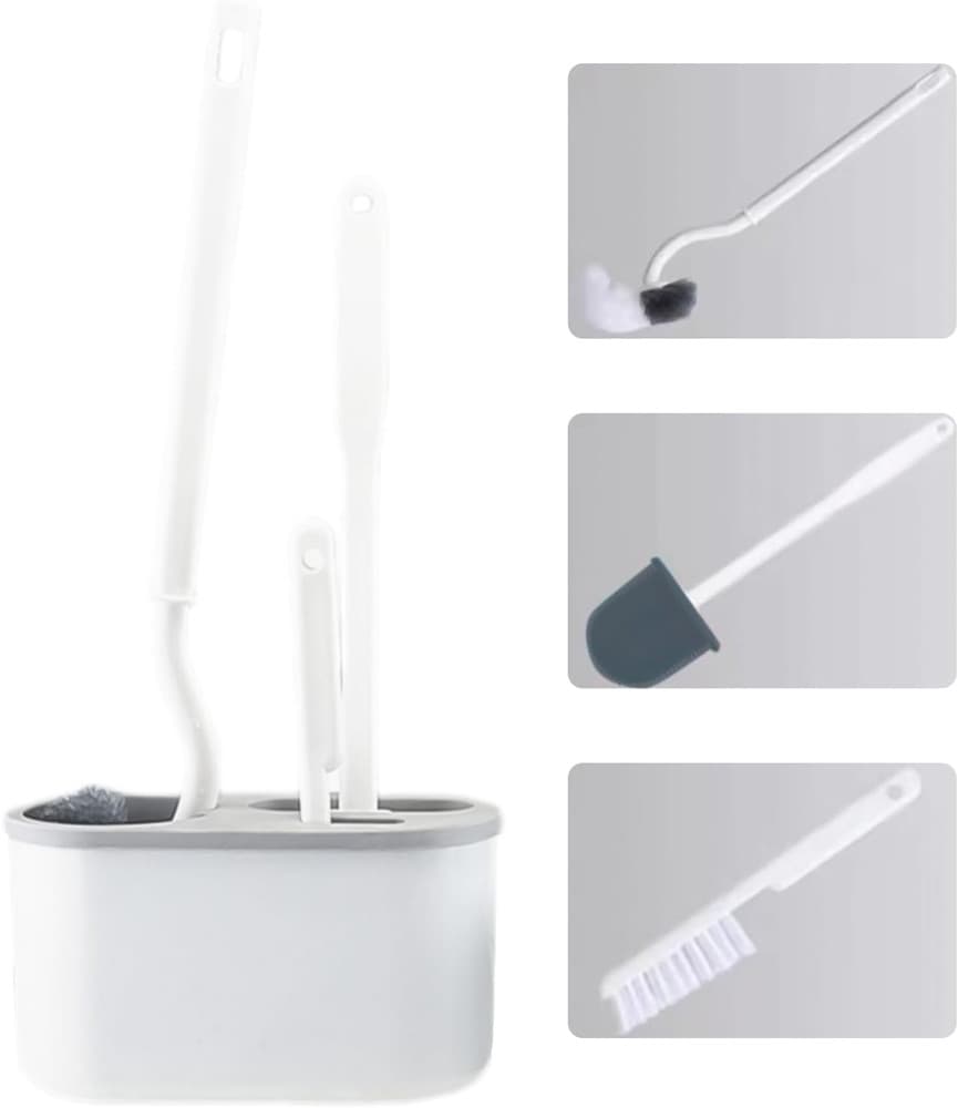 SET PULIZIA 3IN1 CON SCOPINI SPAZZOLA PER WC TIPO S IN SILICONE SUPPORTO DA PARETE BAGNO - 2
