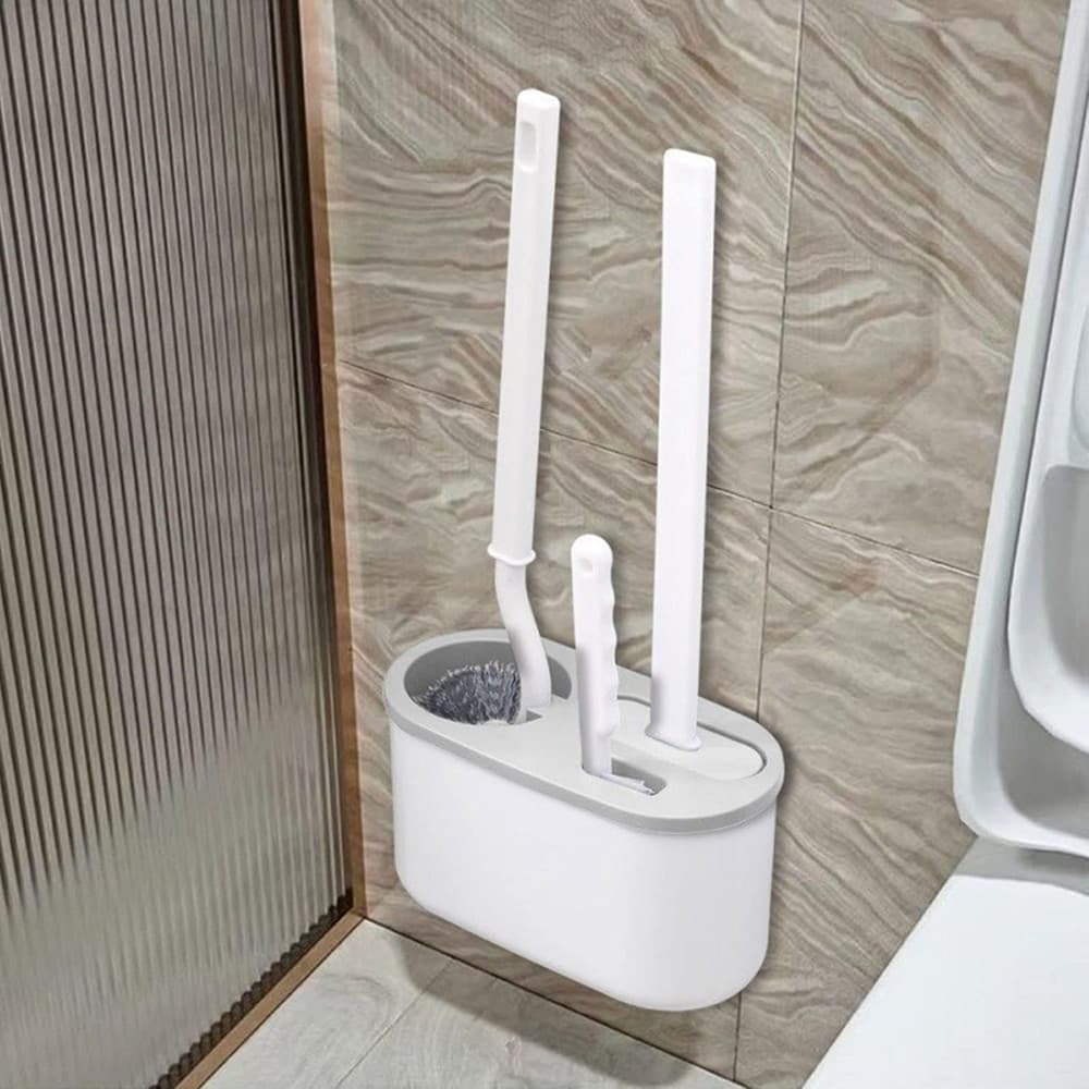 SET PULIZIA 3IN1 CON SCOPINI SPAZZOLA PER WC TIPO S IN SILICONE SUPPORTO DA PARETE BAGNO - 9