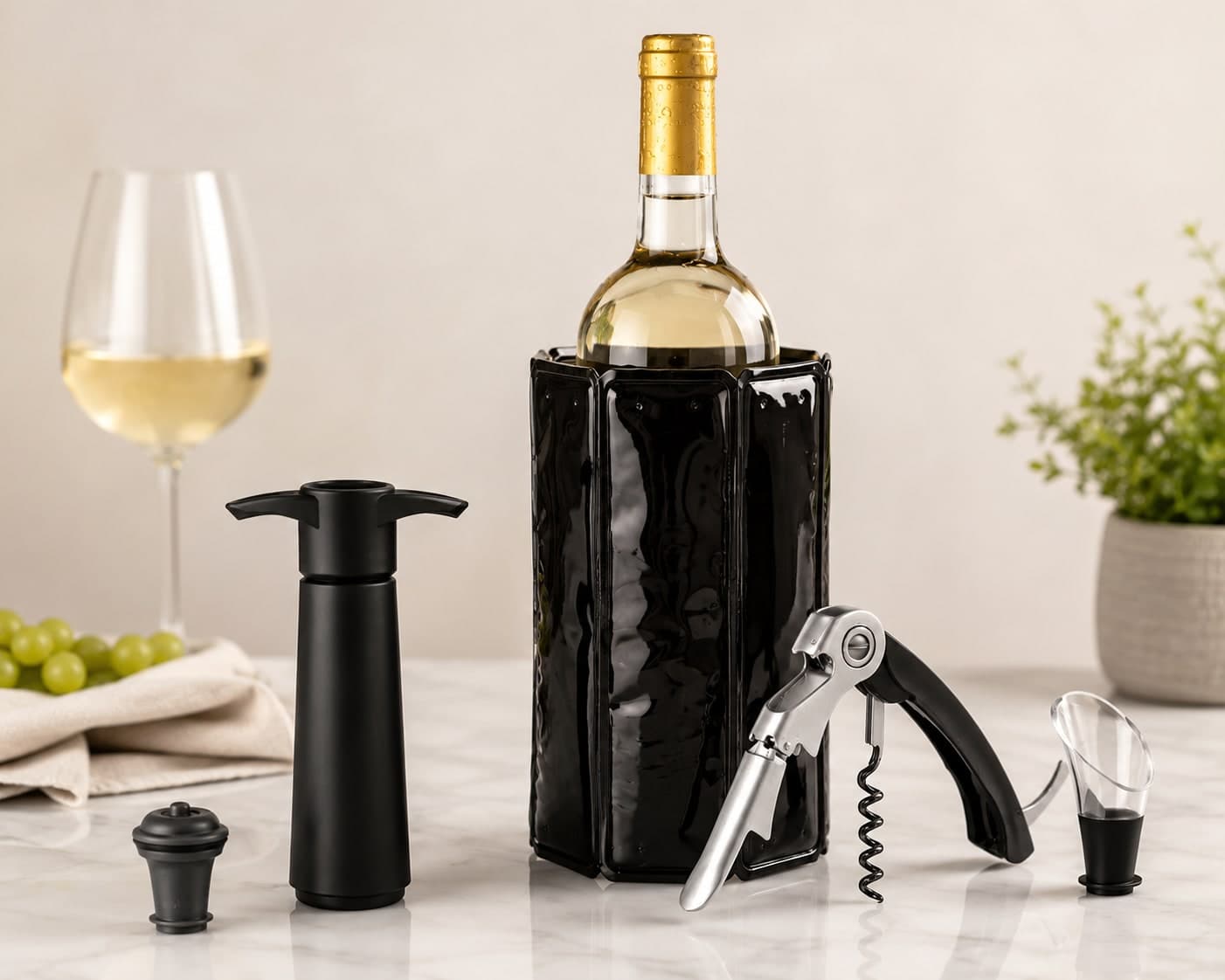 Set Accessori Vino 5 Pezzi con Pompa Sottovuoto, Cavatappi Sommelier, Tappo Ermetico, Versatore e Refrigeratore per Bottiglia