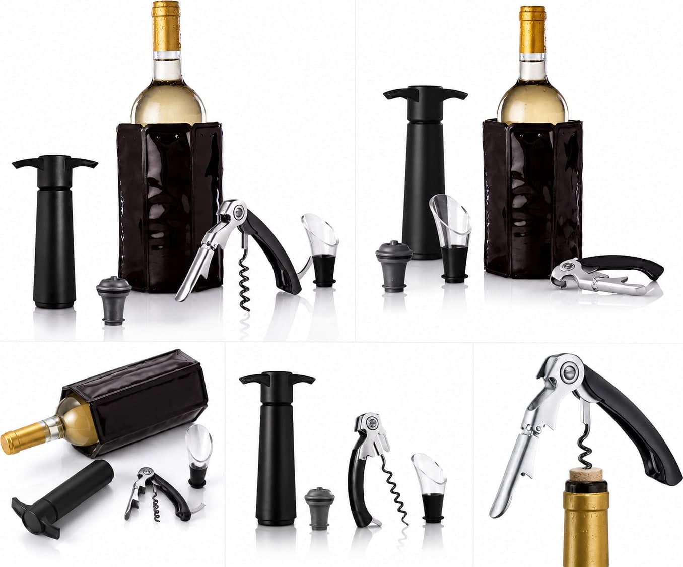 Set Accessori Vino 5 Pezzi con Pompa Sottovuoto, Cavatappi Sommelier, Tappo Ermetico, Versatore e Refrigeratore per Bottiglia - 2
