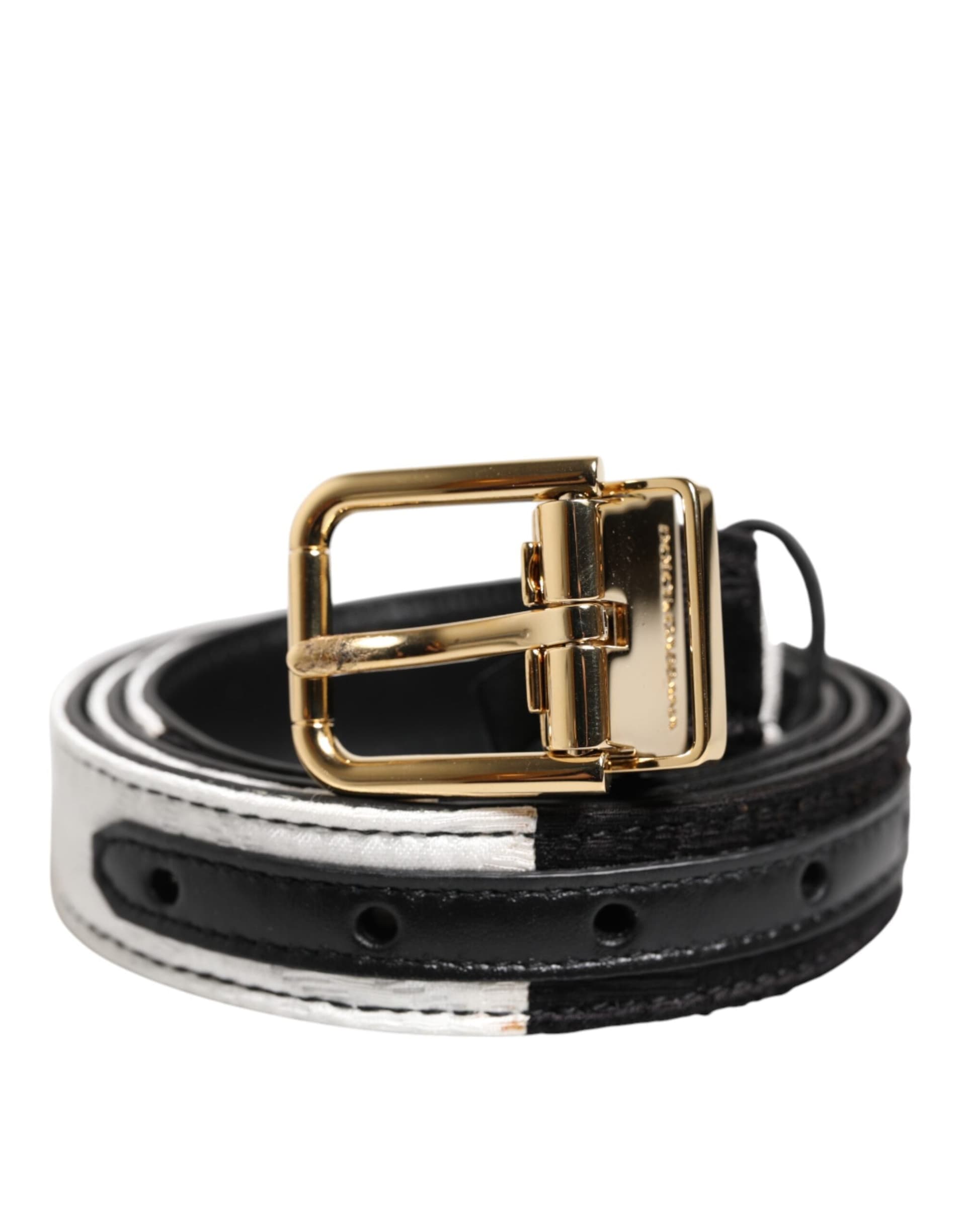 Dolce & Gabbana Black White Patchwork Gold Metal Buckle Belt - 2