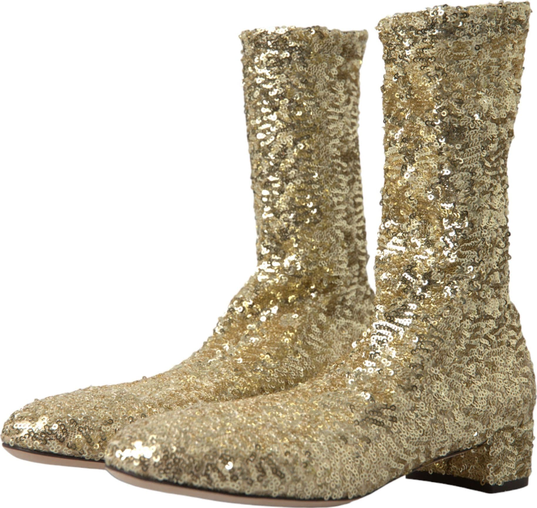 Dolce & Gabbana Gold Sequined Short Boots Stretch Shoes - 3