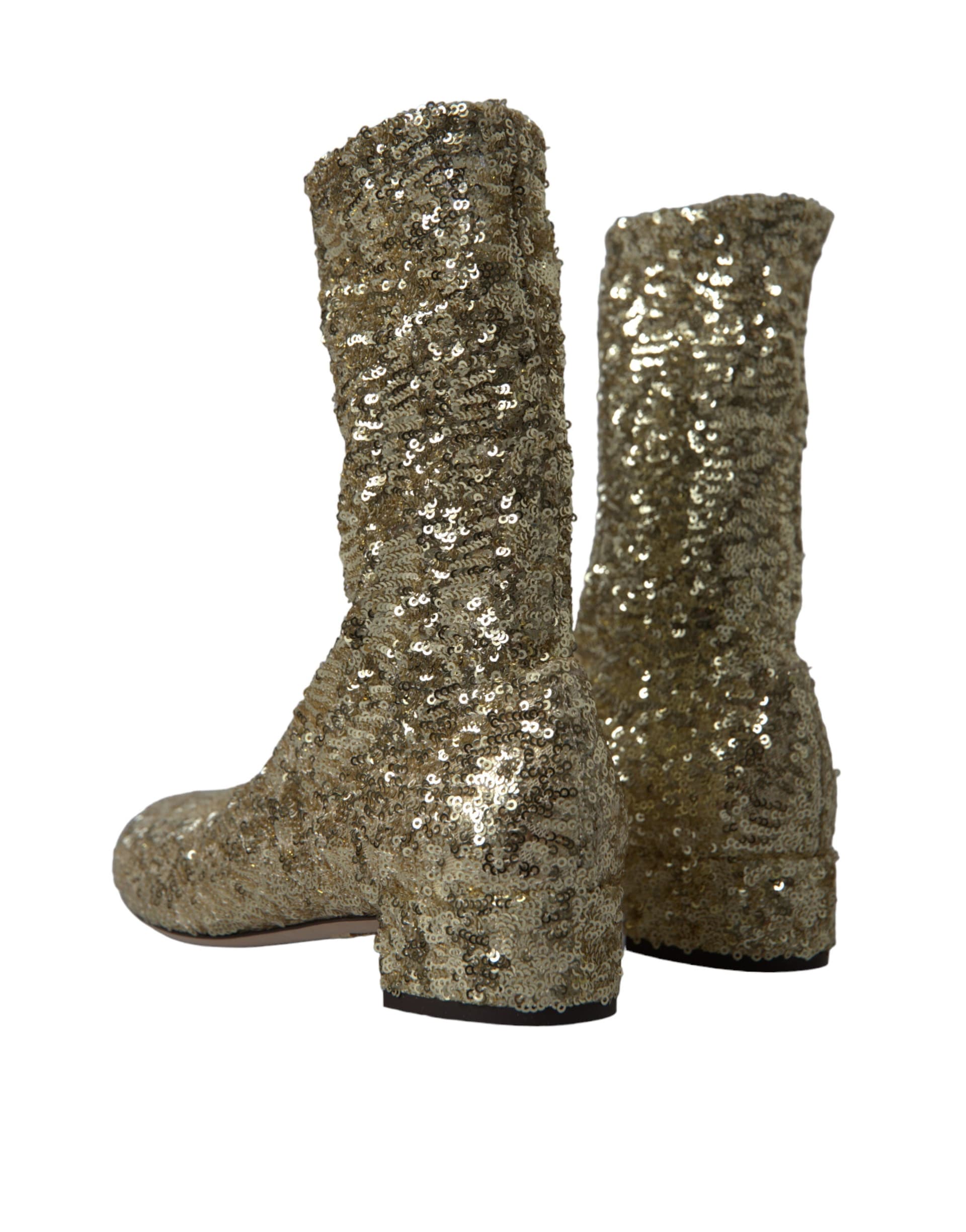 Dolce & Gabbana Gold Sequined Short Boots Stretch Shoes - 4