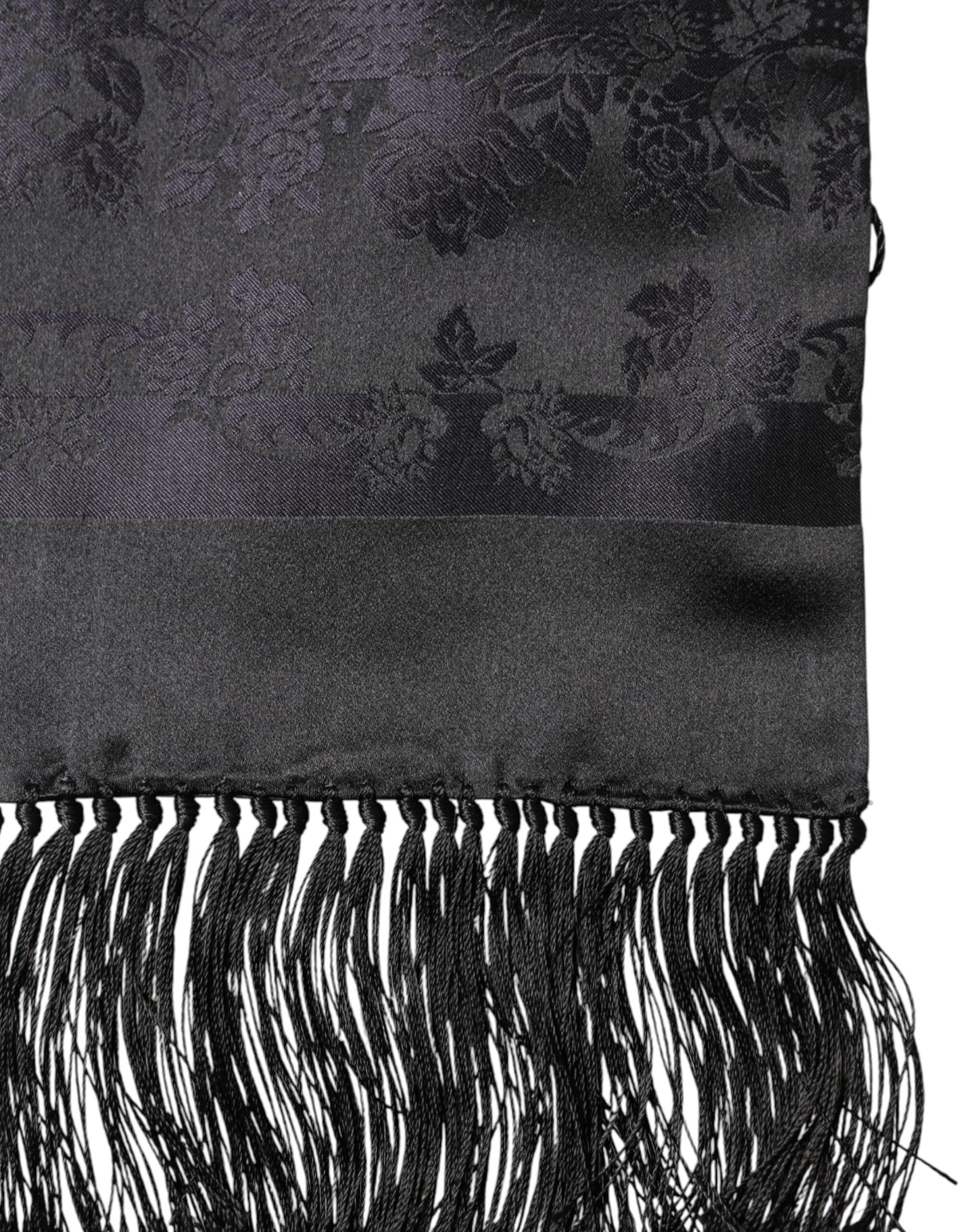 Dolce & Gabbana Black Satin Silk Fringes Neck Foulard Scarf - 3