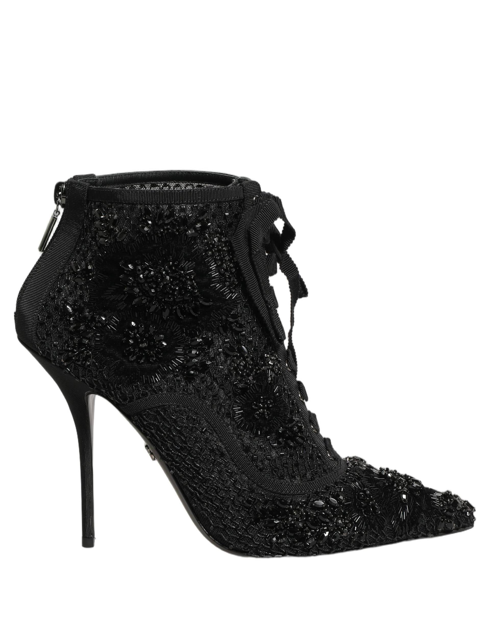 Dolce & Gabbana Black Embellished Mesh Ankle Boots Shoes - 4