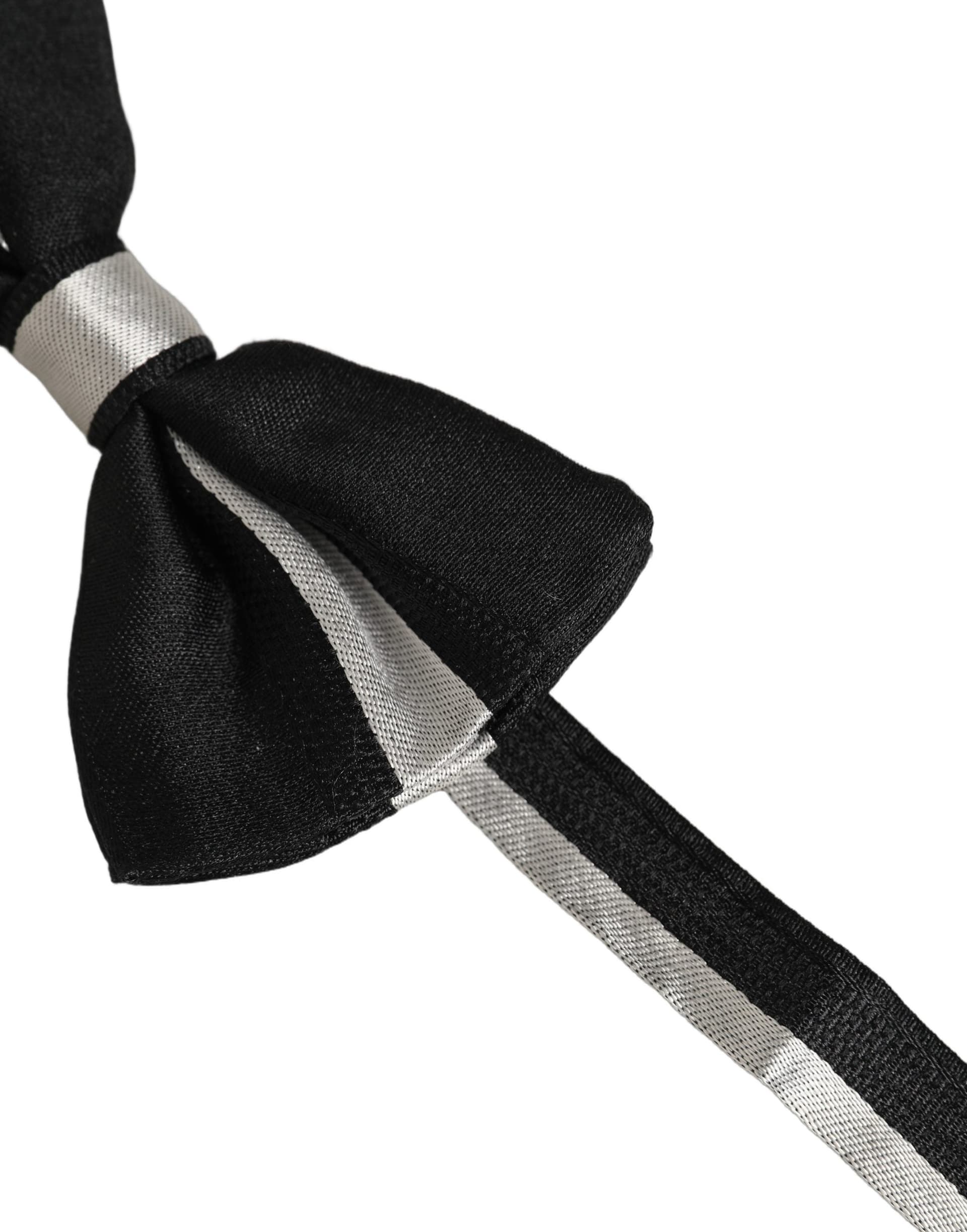Dolce & Gabbana Black Silver 100% Silk Adjustable Neck Papillon Bow Tie - 3
