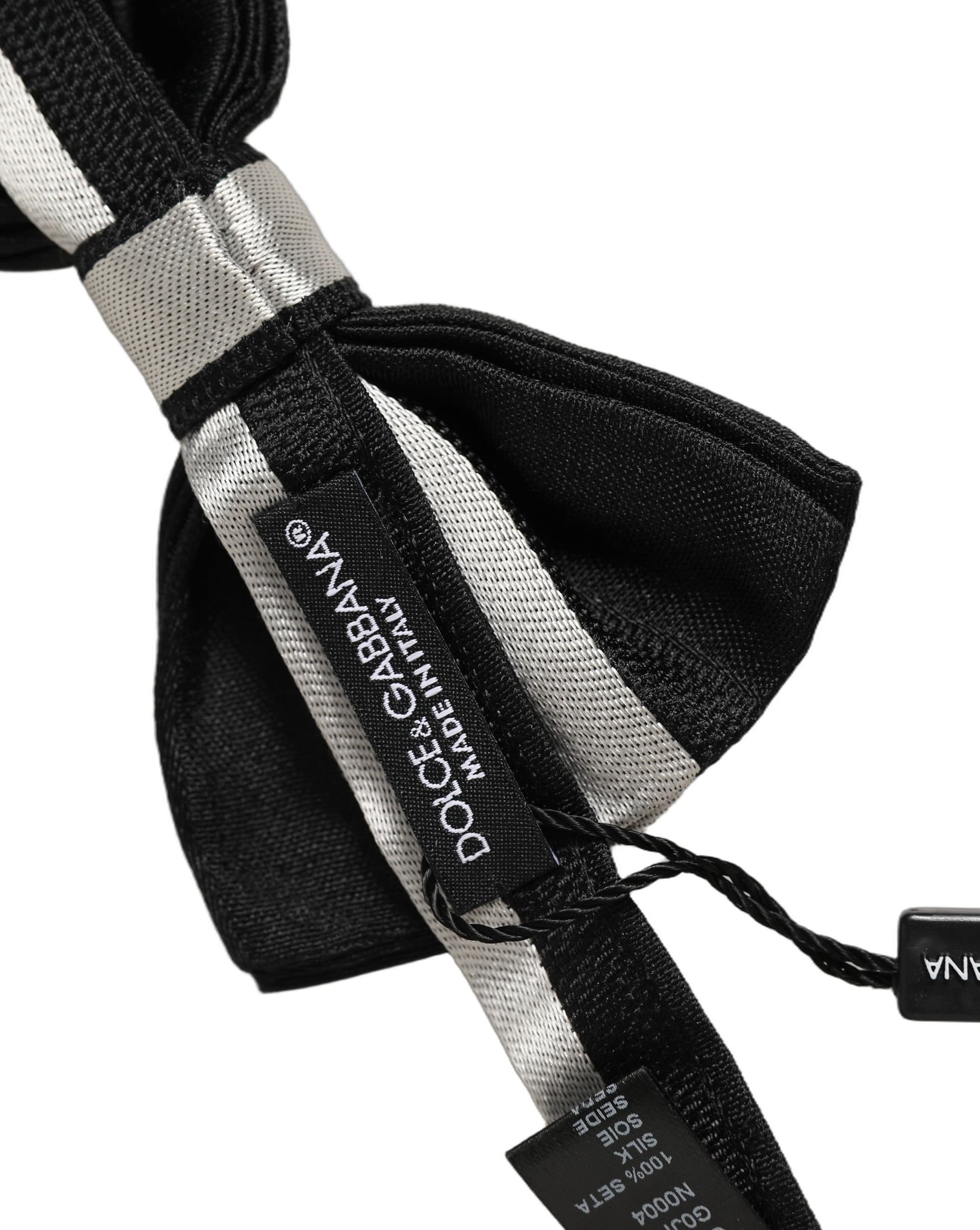 Dolce & Gabbana Black Silver 100% Silk Adjustable Neck Papillon Bow Tie - 6