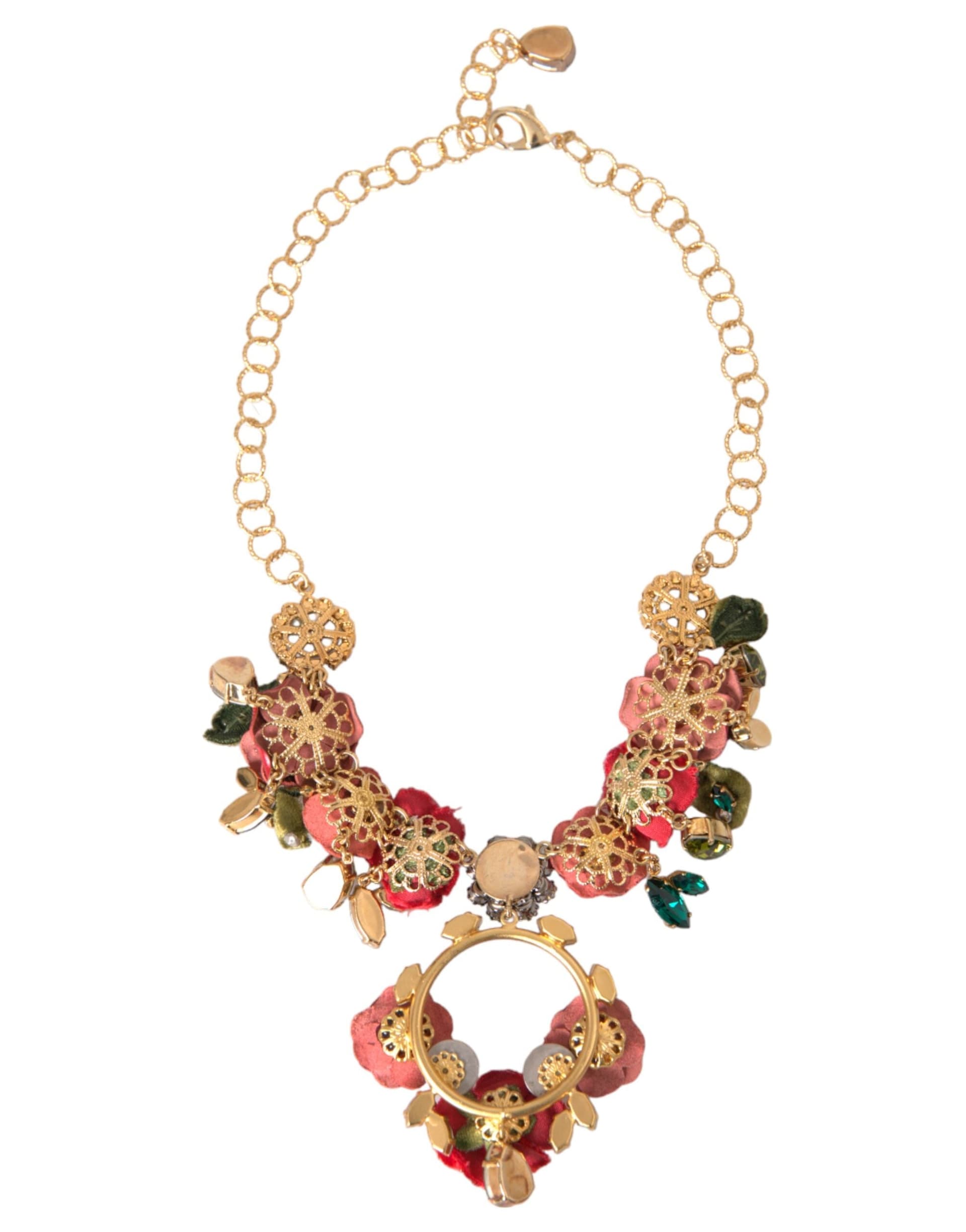 Dolce & Gabbana Gold Brass Link Chain RosePetal Crystal Pendant Necklace - 5
