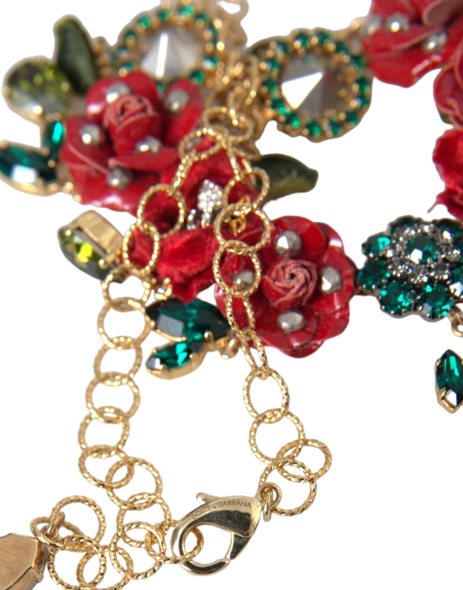 Dolce & Gabbana Gold Brass Link Chain RosePetal Crystal Pendant Necklace - 7