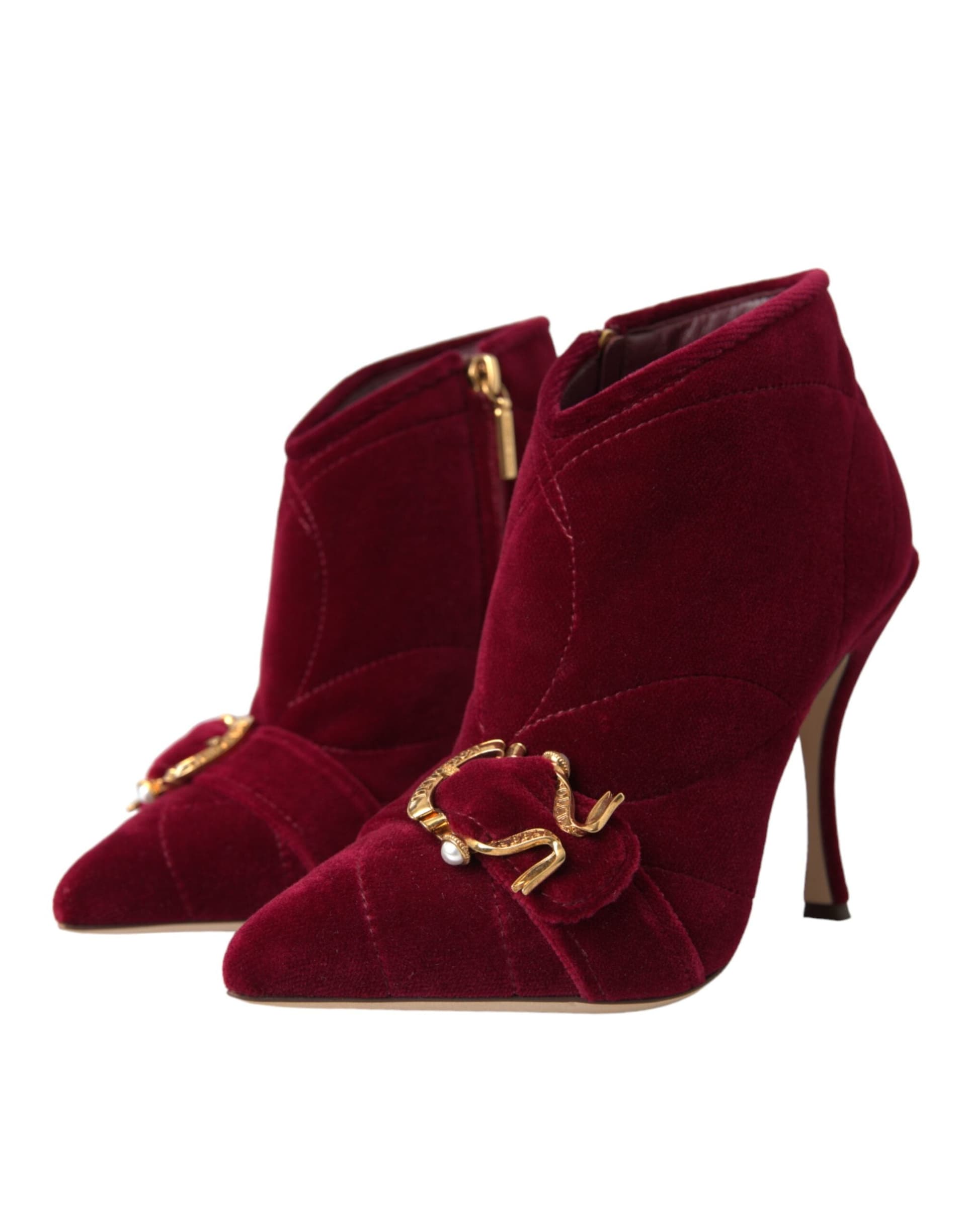 Dolce & Gabbana Dark Red Velvet Devotion Buckle Boots Shoes - 2